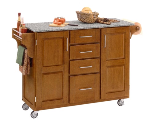 Traditional Kitchen Cart with Warm Oak Finish and Granite Top