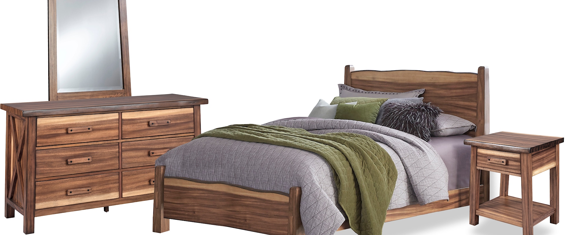 Rustic Queen Bedroom Set with Nightstand, Dresser, and Mirror