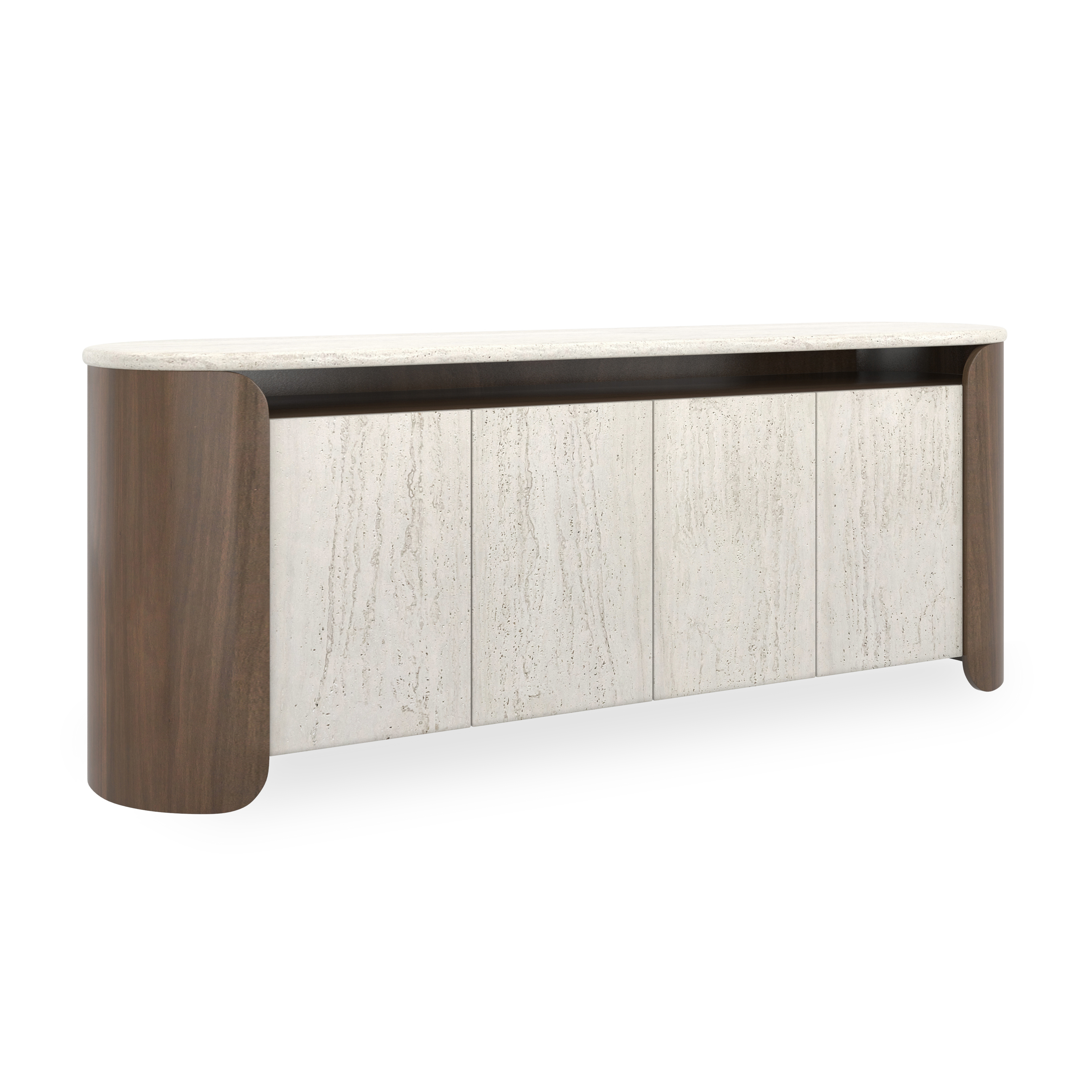 Four-Door Open Wood Sideboard w/Stone Top