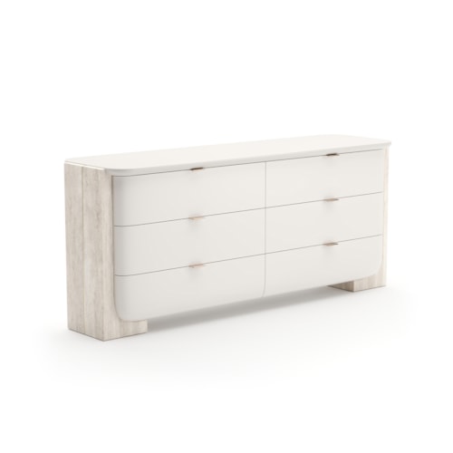 Contemporary Six-Drawer Travertine Stone-Panel Dresser with Soft-Close Drawers