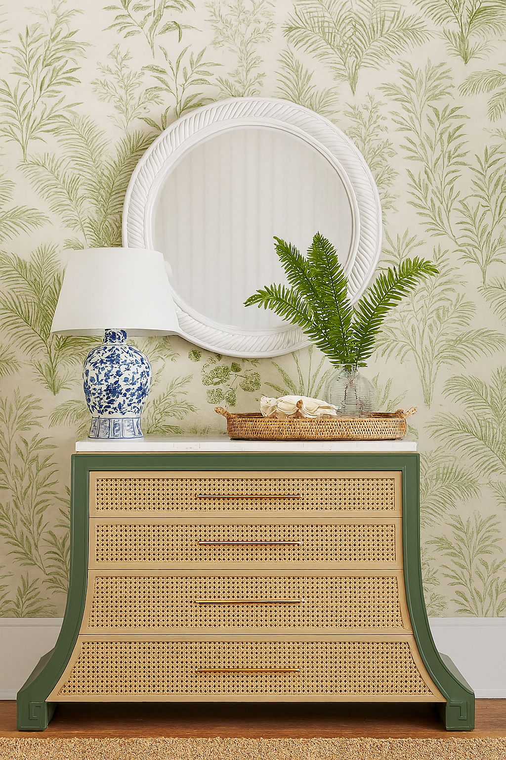 Four-Drawer Cane Accent Chest w/Marble Top