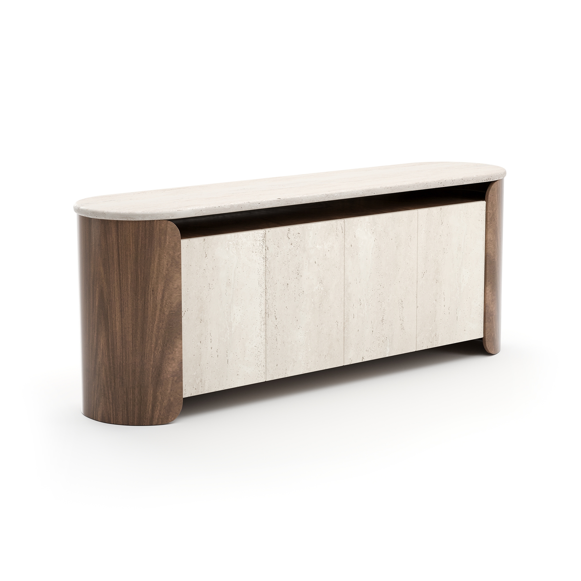 Four-Door Open Wood Sideboard w/Stone Top