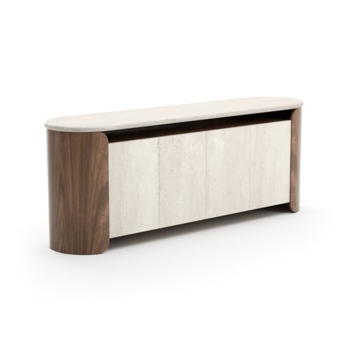 Contemporary Four-Door Open Wood Sideboard with Travertine Stone Top