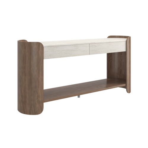 Contemporary Wood Open-Shelf Console Table with Travertine Stone Top