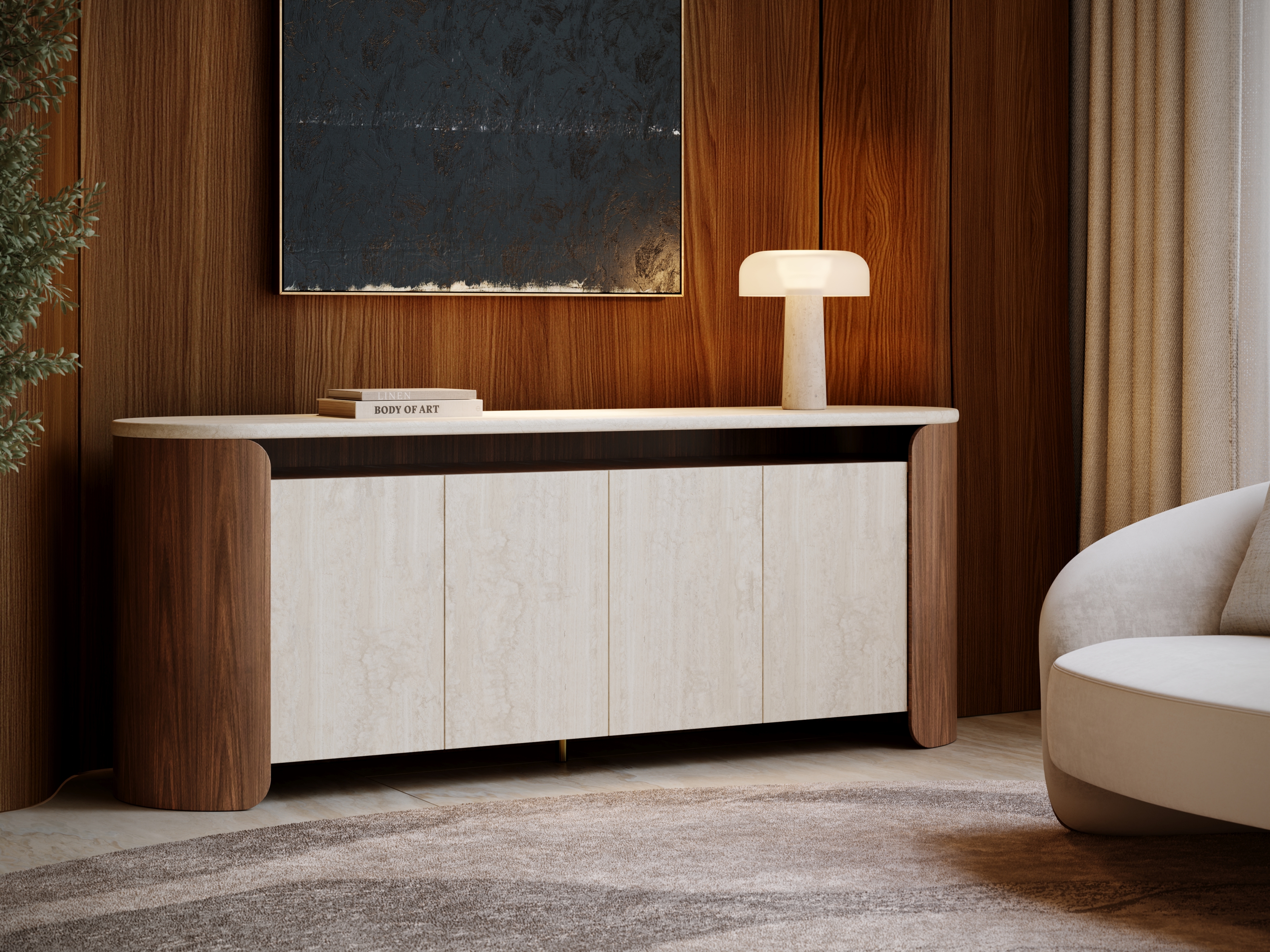 Caracole Caracole Classic Four-Door Open Wood Sideboard w/Stone Top