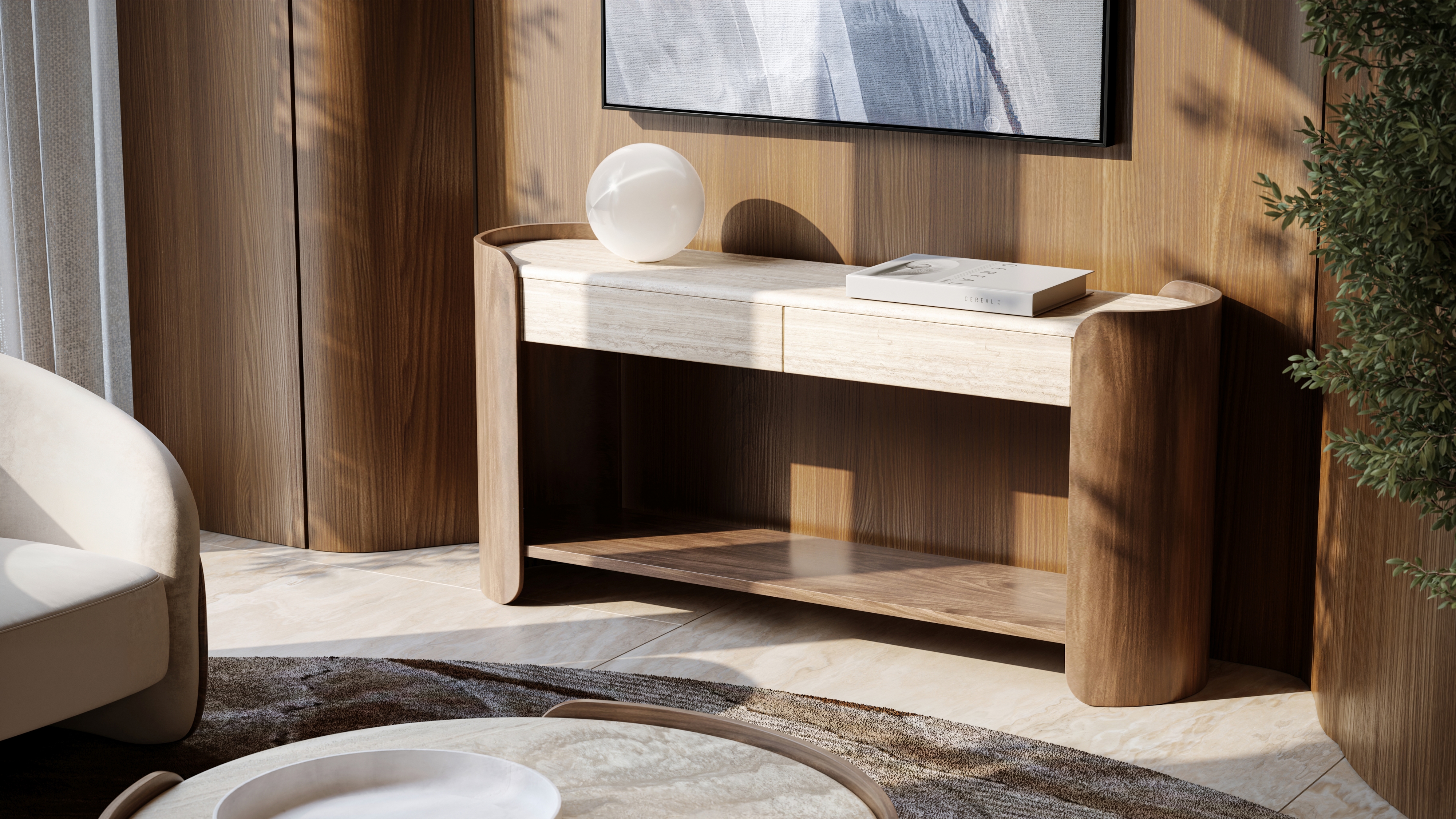 Caracole Caracole Classic Wood Open-Shelf Console Table w/Stone Top