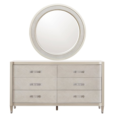 Glam 6-Drawer Dresser with Round Beveled Mirror