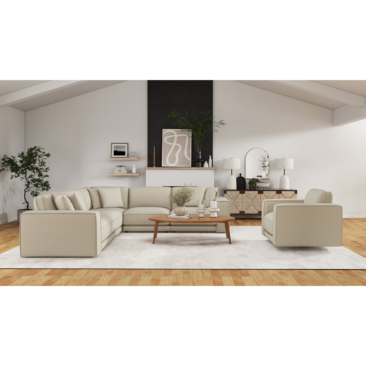 Kuka Home 2801 5 Piece Sectional with Swivel Accent Chair