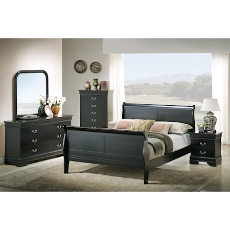5Pc Queen/ King Sleigh Bedroom Set Louis Philippe Style in Black