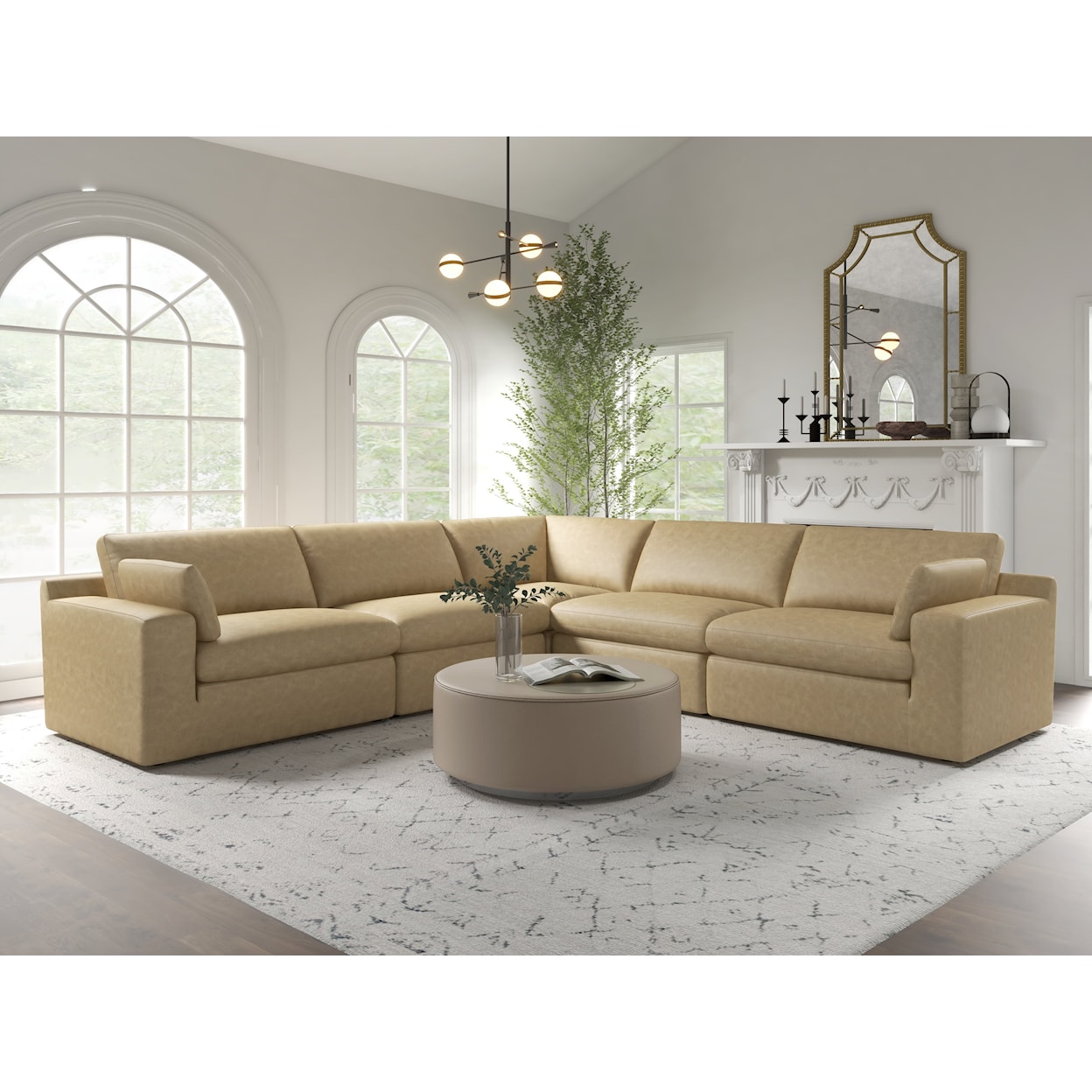 Kuka Home KF1091 5 Piece Faux Leather Sectional with Ottoman