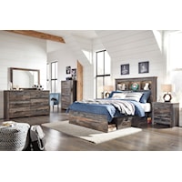 6 Piece Full Bookcase Bed with 2 Storage Drawers, 6 Drawer Dresser, 2 Drawer Nightstand and 5 Drawer Chest Set