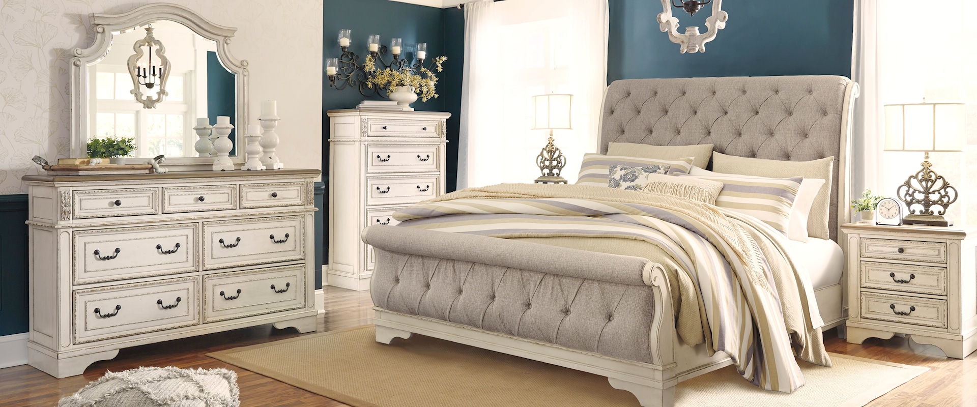 Queen Upholstered Sleigh Bed, Dresser, Mirror, Nightstand and Chest