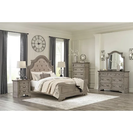 3 Piece Queen Upholstered Panel Bed, Dresser and Two Nightstand Set