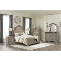 3 Piece Queen Upholstered Panel Bed, Dresser and Two Nightstand Set