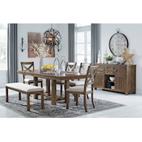 7 Piece Extension Dining Table, 4 Upholstered Side Chairs, Upholstered Bench and Server Set