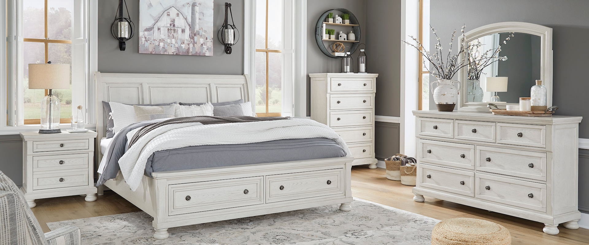 3 piece King Sleigh Bed with 2 Storage Drawers, 7 Drawer Dresser, 2 Drawer Nightstand and 5 Drawer Chest Set