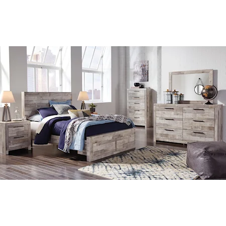 3 Piece Full panel Bed with Storage, 2 Drawer Nightstand and 5 Drawer Chest Set