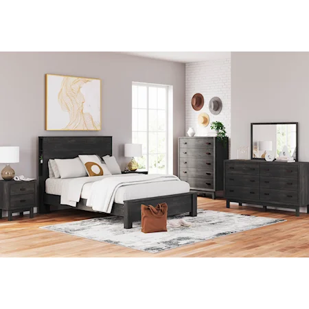 4 Piece Queen Panel Bookcase Bed, 2 Drawer Nightstand and 5 Drawer Chest Set