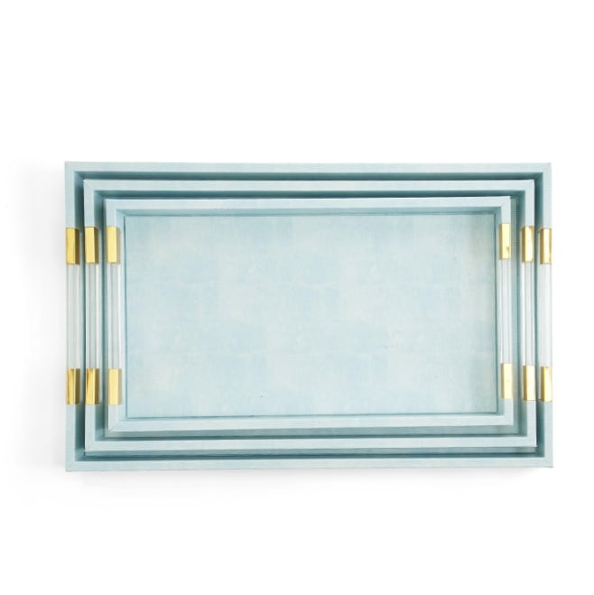 Two's Company Coastal Chic Aqua S/3 Decorative Tray w/ Acrylic Handles