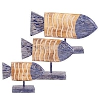 WOOD FLAT FISH ON STAND, S/3
