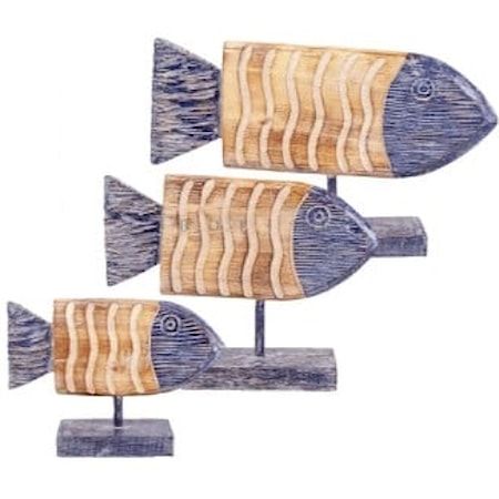 WOOD FLAT FISH ON STAND, S/3