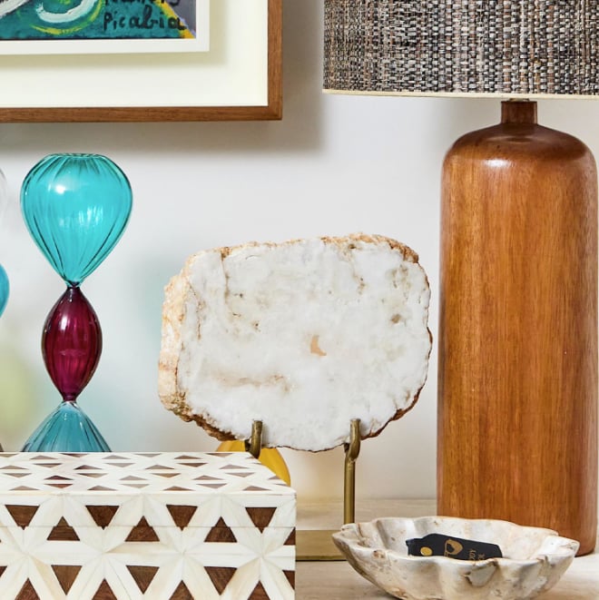 Two's Company Urban Nest White Quartz Geode Slab on Gold Stand