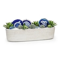 19" Long White Planter with Succulents and Agate Slices