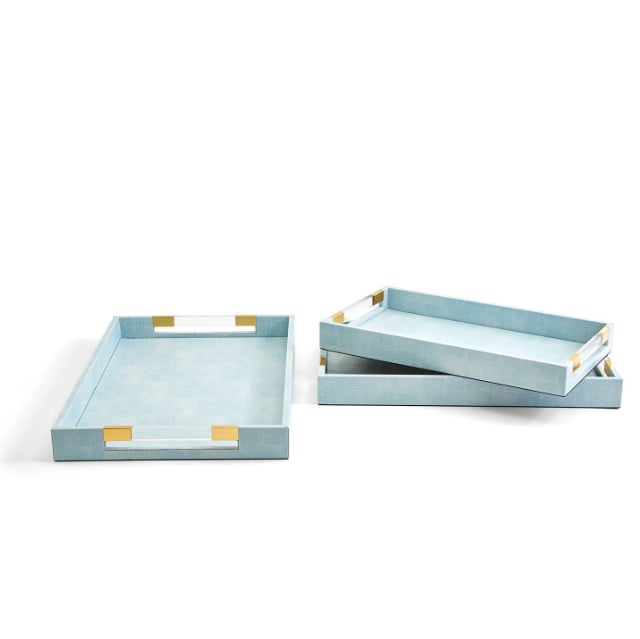Two's Company Coastal Chic Aqua S/3 Decorative Tray w/ Acrylic Handles