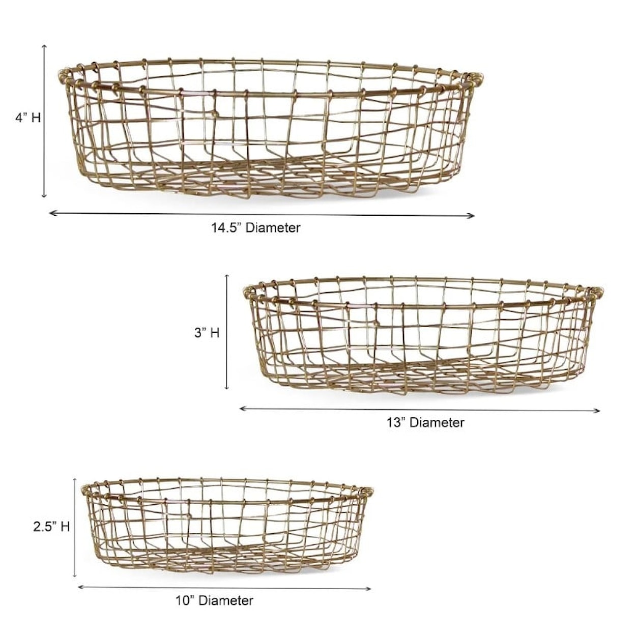 Ibolili Baskets and Sets GOLD WIRE BASKET, ROUND- S/3