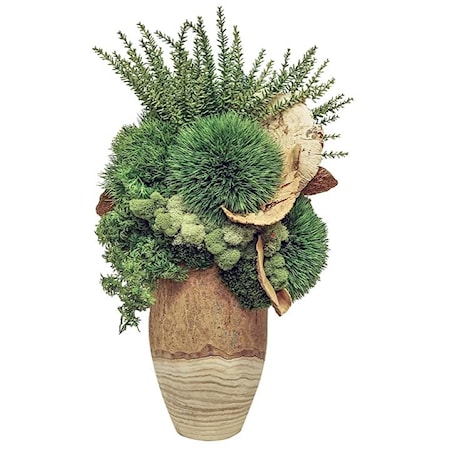 Tall Wood Vase W/Botanical/Natural Mushrooms