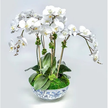 BLUE/WHITE BOWL WITH 5 ORCHIDS