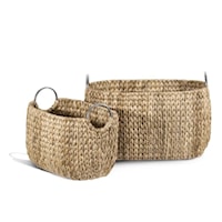 WOVEN WATER HYACINTH BASKET W/ STAINLESS RINGS, OVAL- SET OF 2