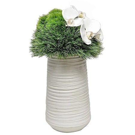 Tall White Vase w/ Grass Dome/Orchid