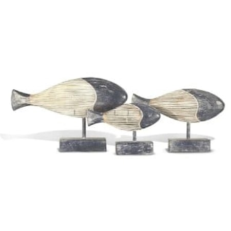 WOOD FISH ON STAND, S/3