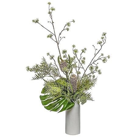White Vase with Banksia/Monstera Leaf