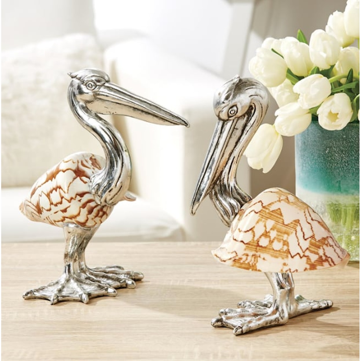 Two's Company Coastal Chic Set of 2 Shell Sculpture Pelicans