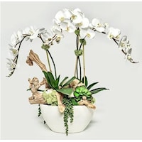 White Oval Pot w/ Orchids/Crystals/Grap Ewood