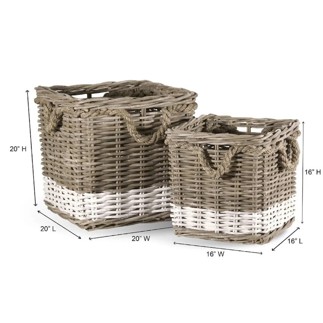 Ibolili Baskets and Sets FRENCH GRAY BASKET W/ ROPE, SQ- S/2