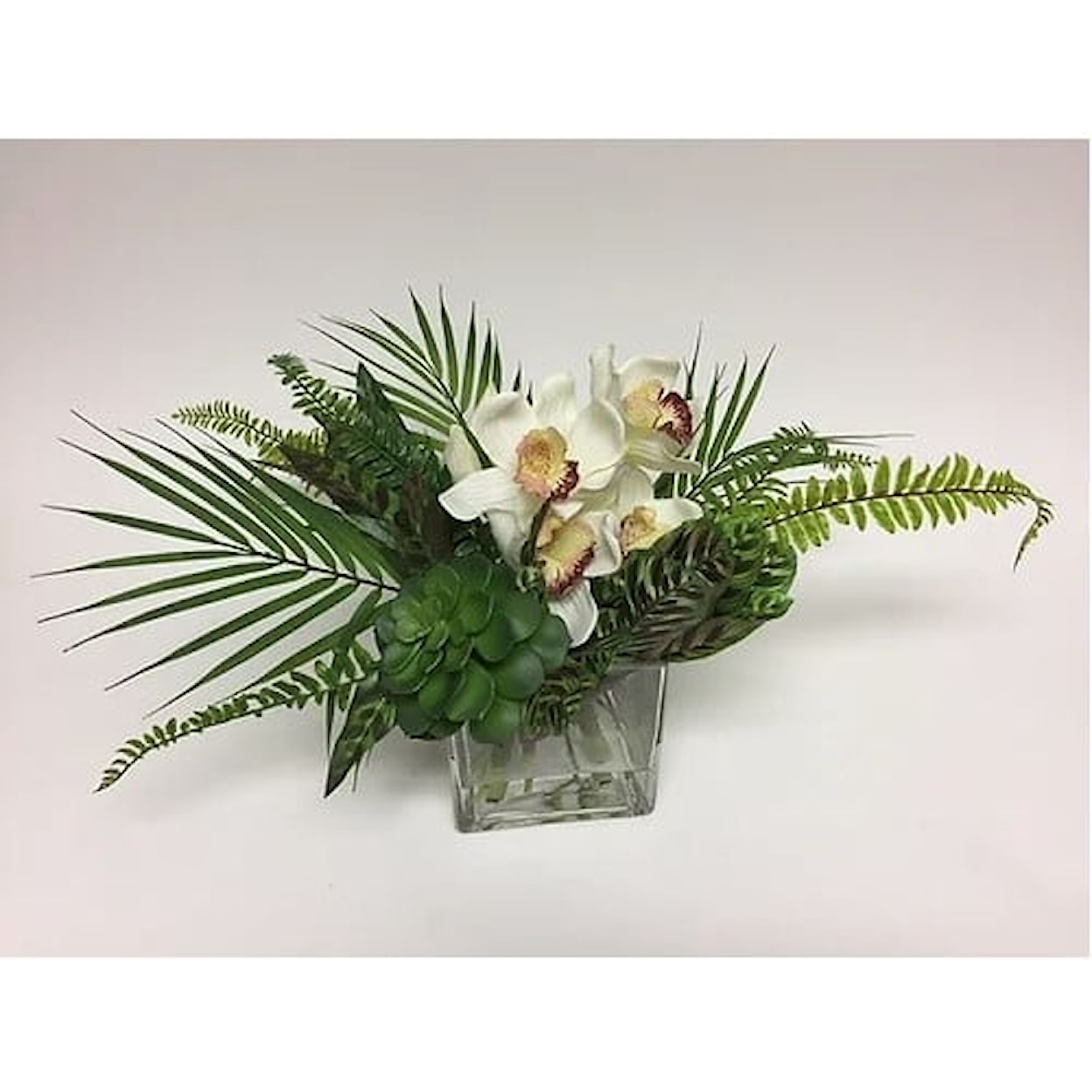 The Ivy Guild Florals Cymbidium/Palm Leaves in 5" Sq. Glass