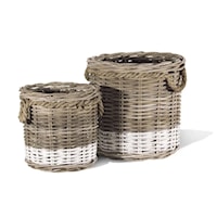 FRENCH GRAY BASKET W/ ROPE, ROUND- SET OF 2