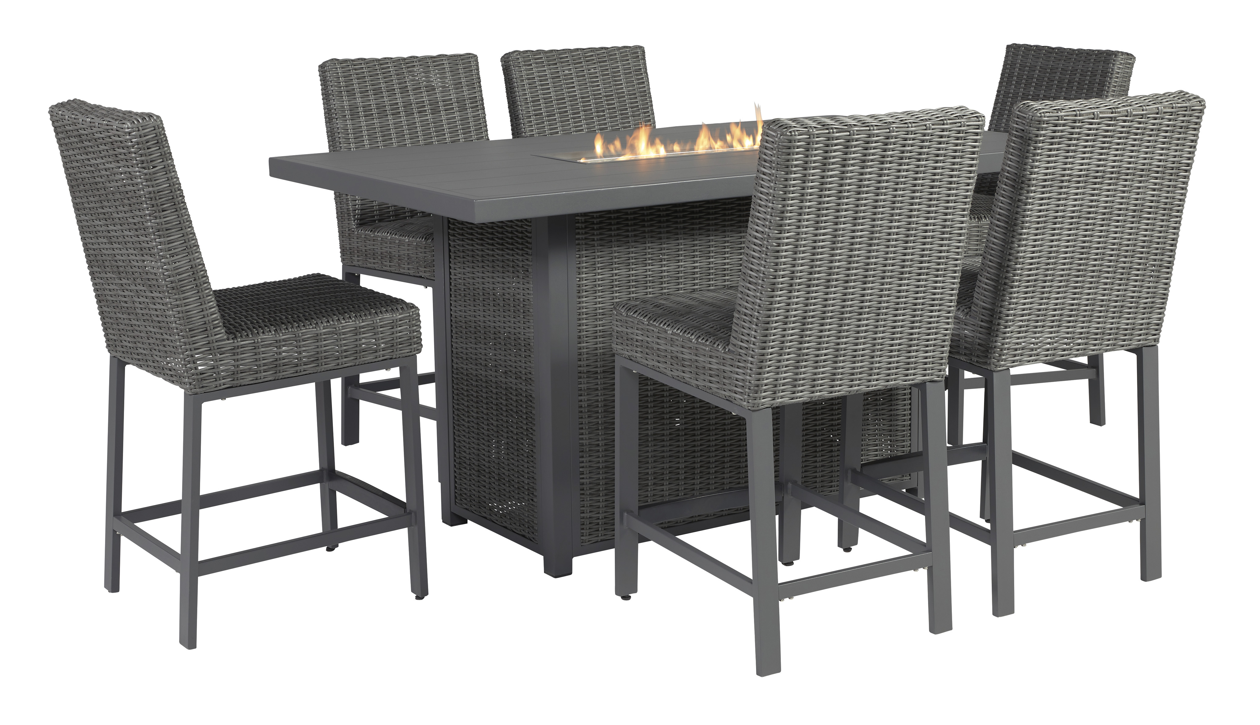 Outdoor bar height table and chairs with fire online pit