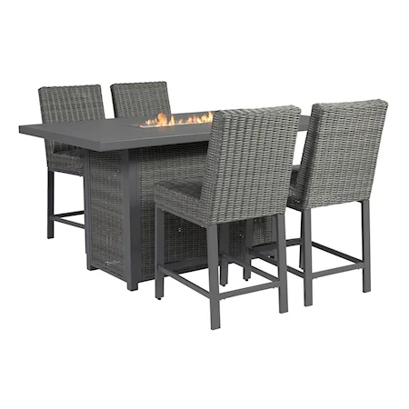 COUNTER HEIGHT FIRE TABLE AND 4 STOOLS