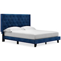 Queen Upholstered Bed in Blue Velvet Fabric