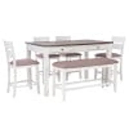 Rustic Farmhouse White 6-Piece Counter Dining Set with Drawer Storage