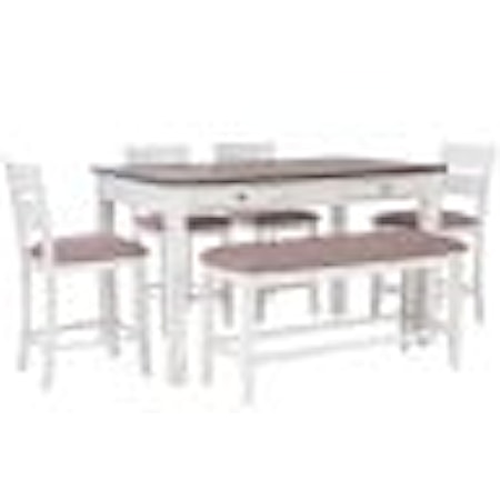 Rustic Farmhouse White 6-Piece Counter Dining Set with Drawer Storage