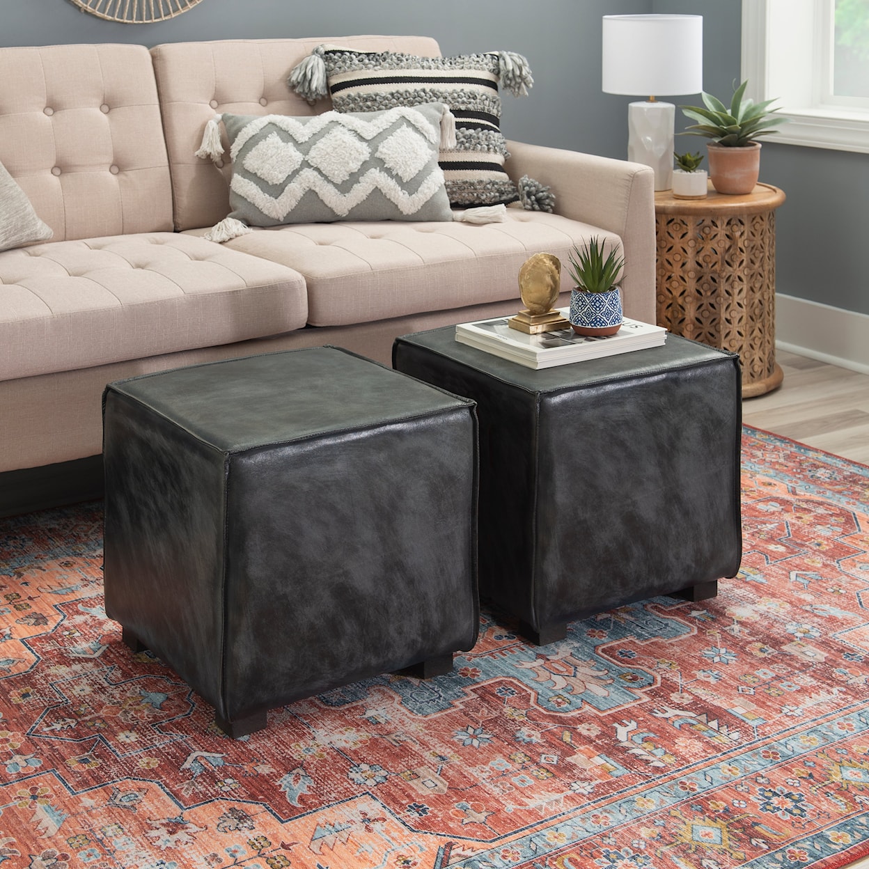 Powell Decter Decter Leather Ottoman Grey