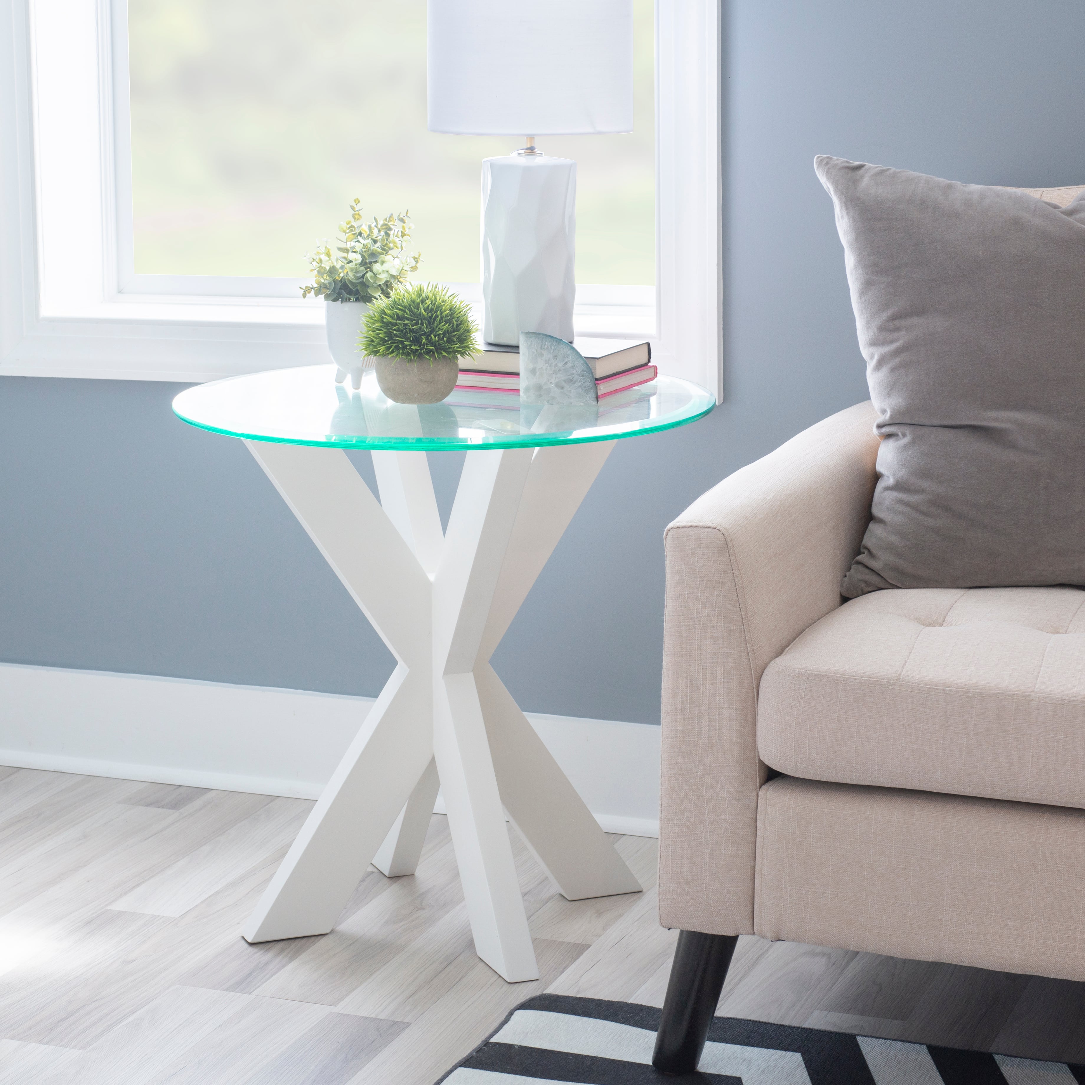 Powell Adler 20A2015ETW Contemporary X Base Side Table with Glass Top