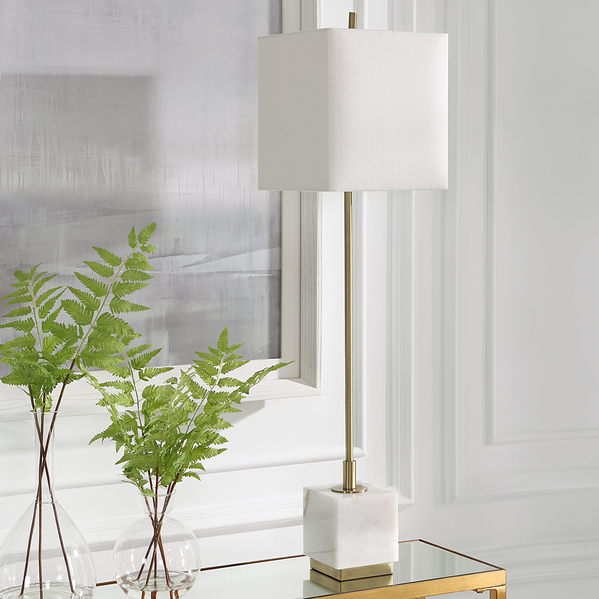 Brass Buffet Lamp with a Marble Block Foot