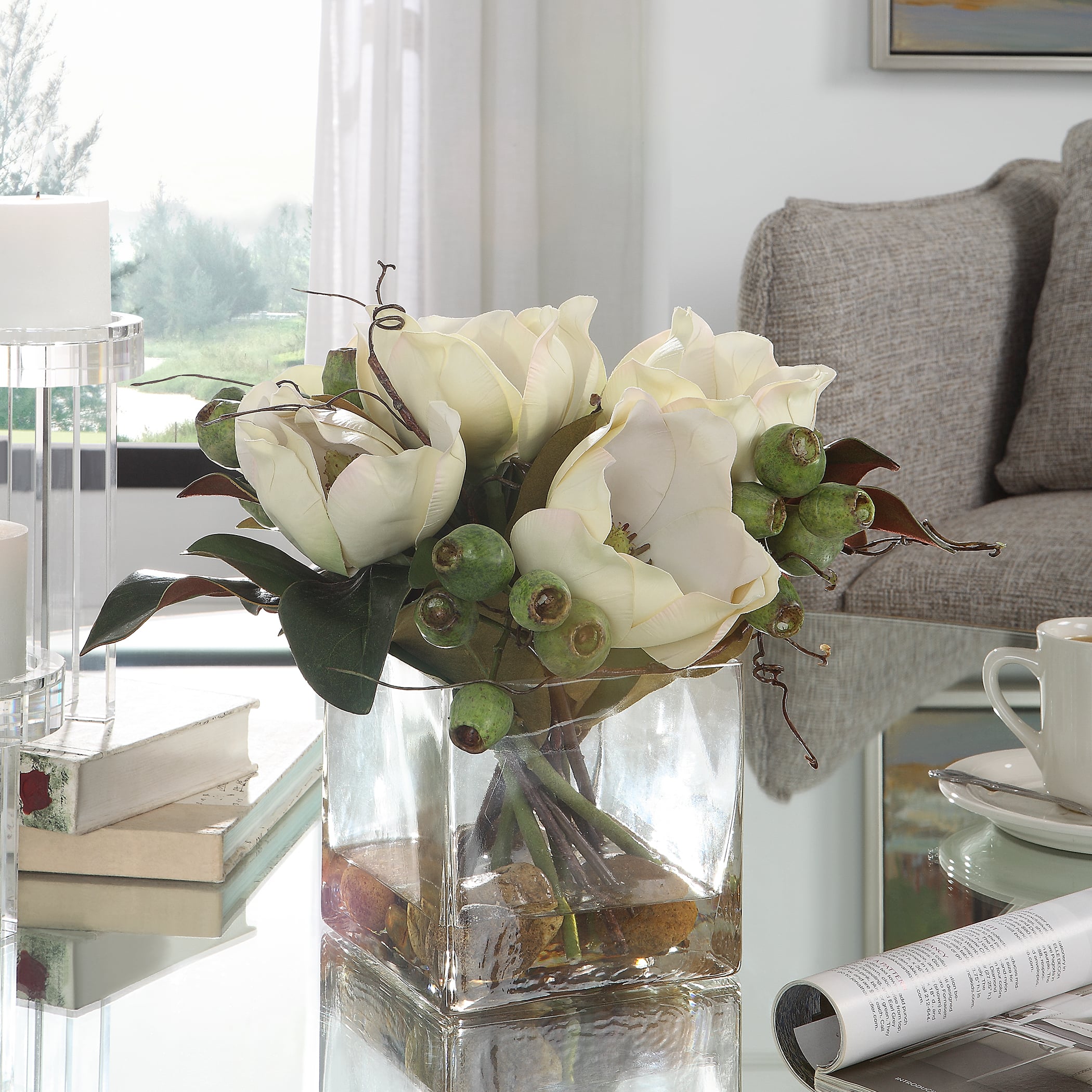 Magnolia Bouquet with Glass Vase