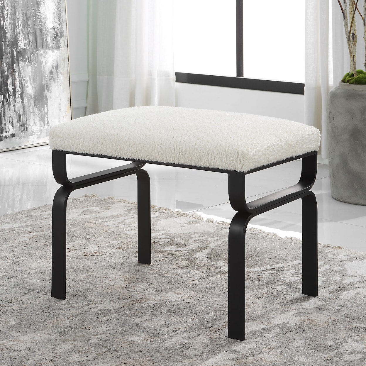 Uttermost Diverge White Shearling Bench with Iron Base